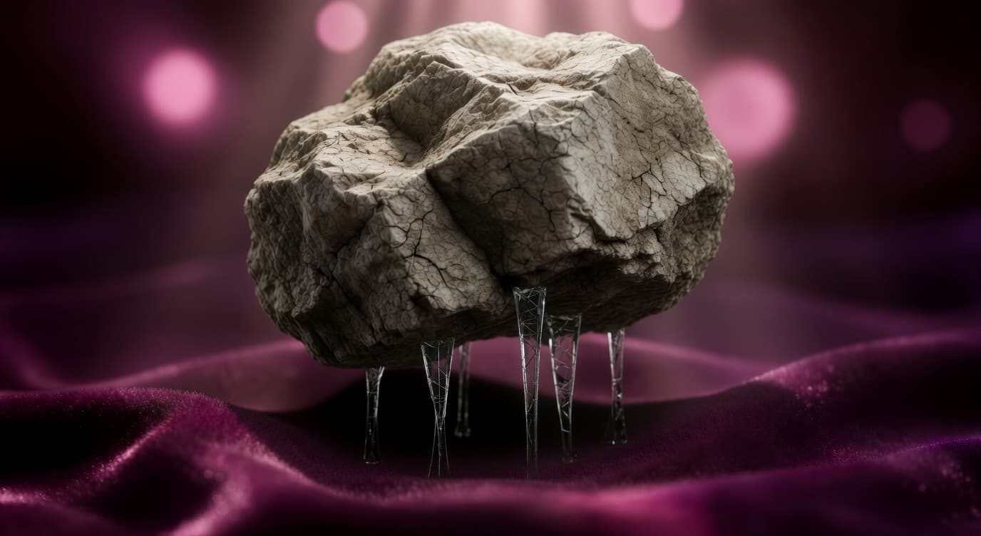 Heavy stone balanced on thin fragile glass pillars, symbolising how HYPE's model rests on specific supporting conditions like trading revenue and the buyback
