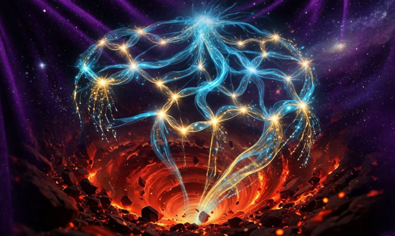 Cosmic illustration of a glowing token network suspended above a fiery vortex, representing the risk and reward of a DEX listing