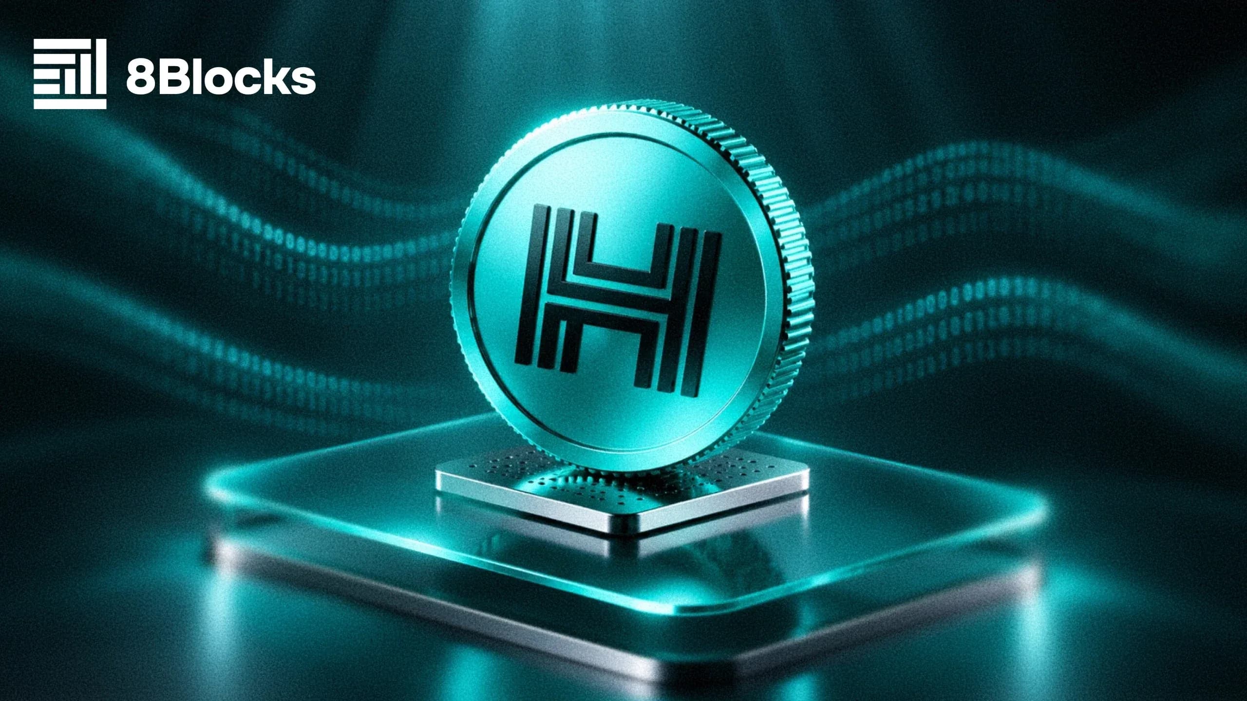 Cover of the 8Blocks article on the HES audit: a turquoise Hacken coin on a glass platform