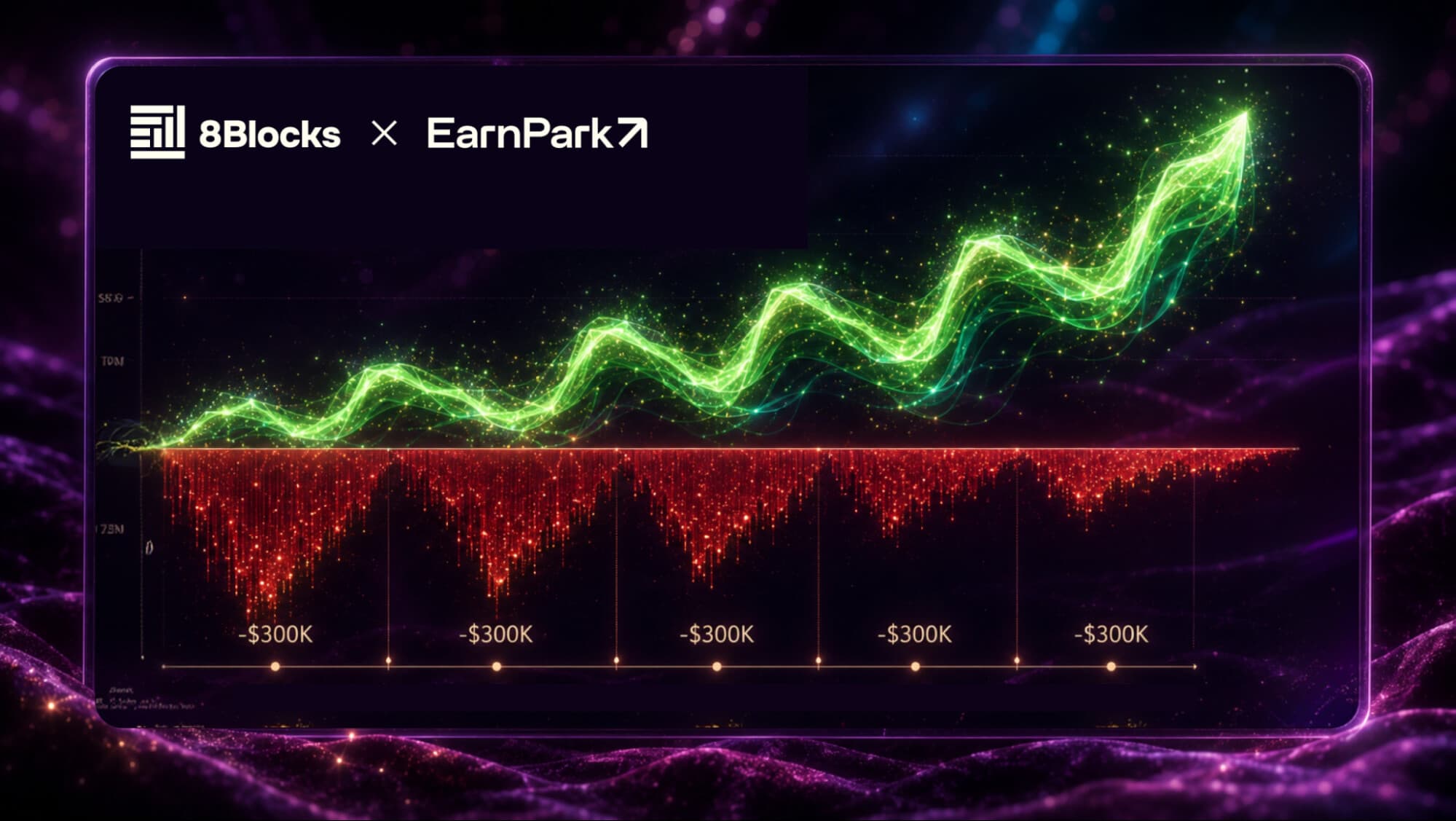 8Blocks and EarnPark case study cover: token price growth chart with recurring sell-pressure intervals marked below the line