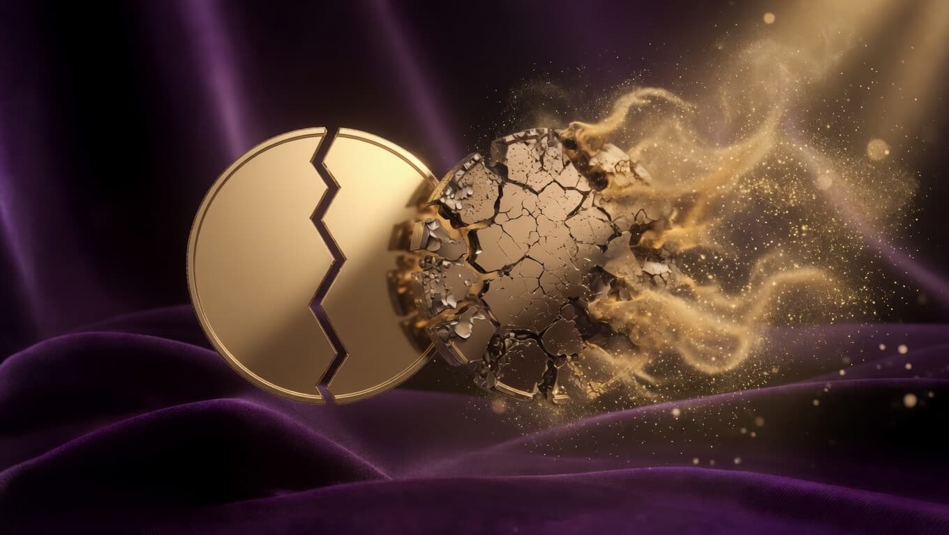 Golden crypto token splitting and crumbling into dust, illustrating how deflation destroys token value