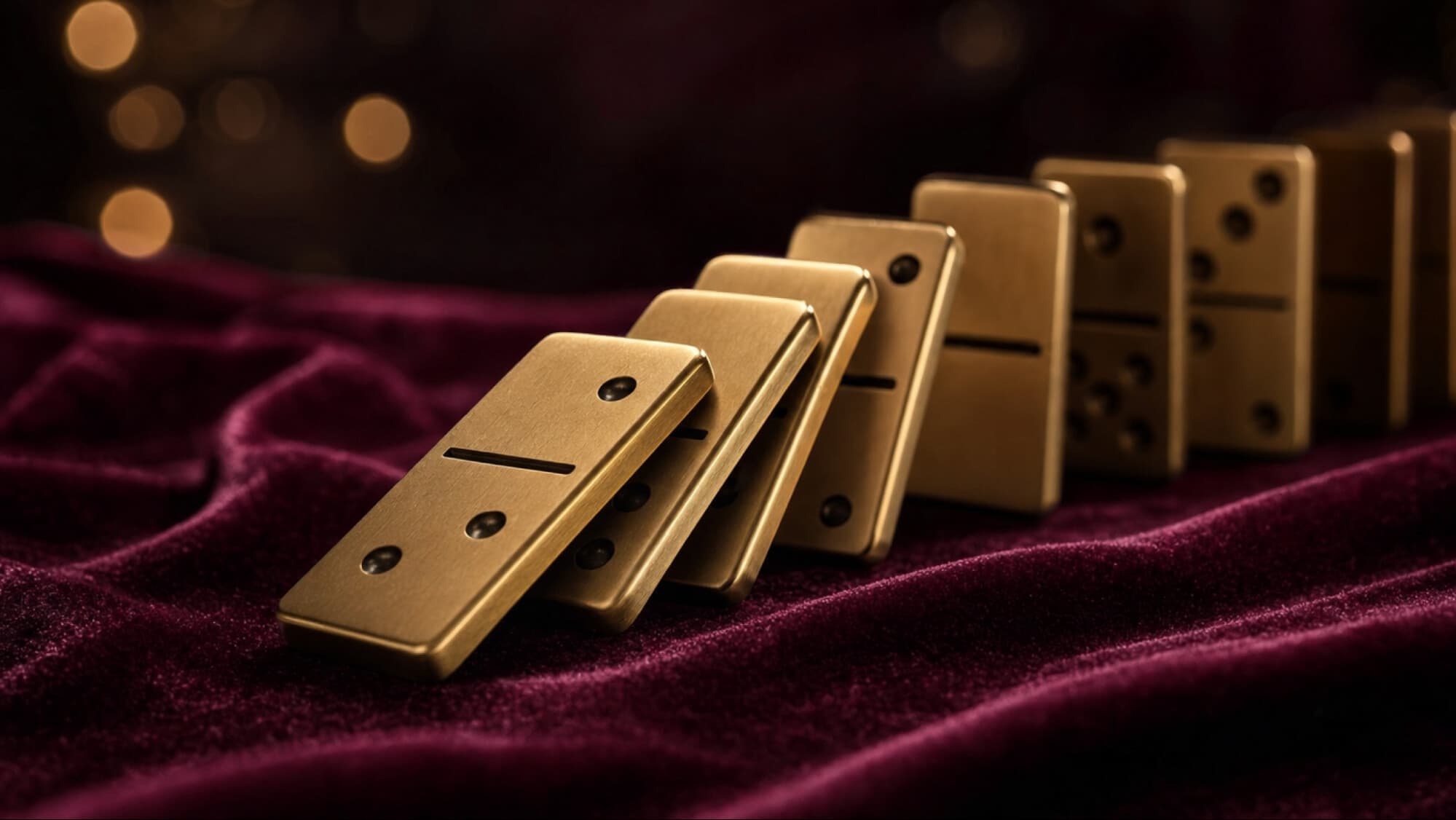 Row of golden dominoes toppling on dark red velvet, a metaphor for the chain-reaction liquidations that cascaded across crypto in October 2025.