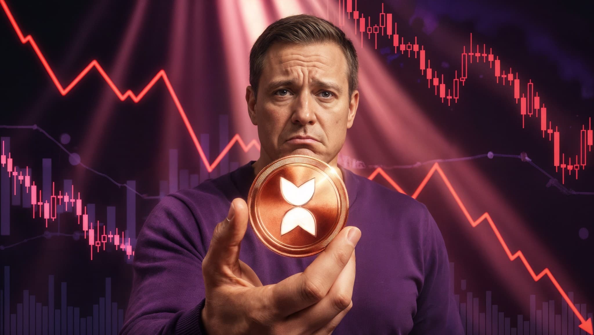 Disappointed investor holding a copper personal token coin against a red downward crypto chart, symbolising the 2026 celebrity token collapse