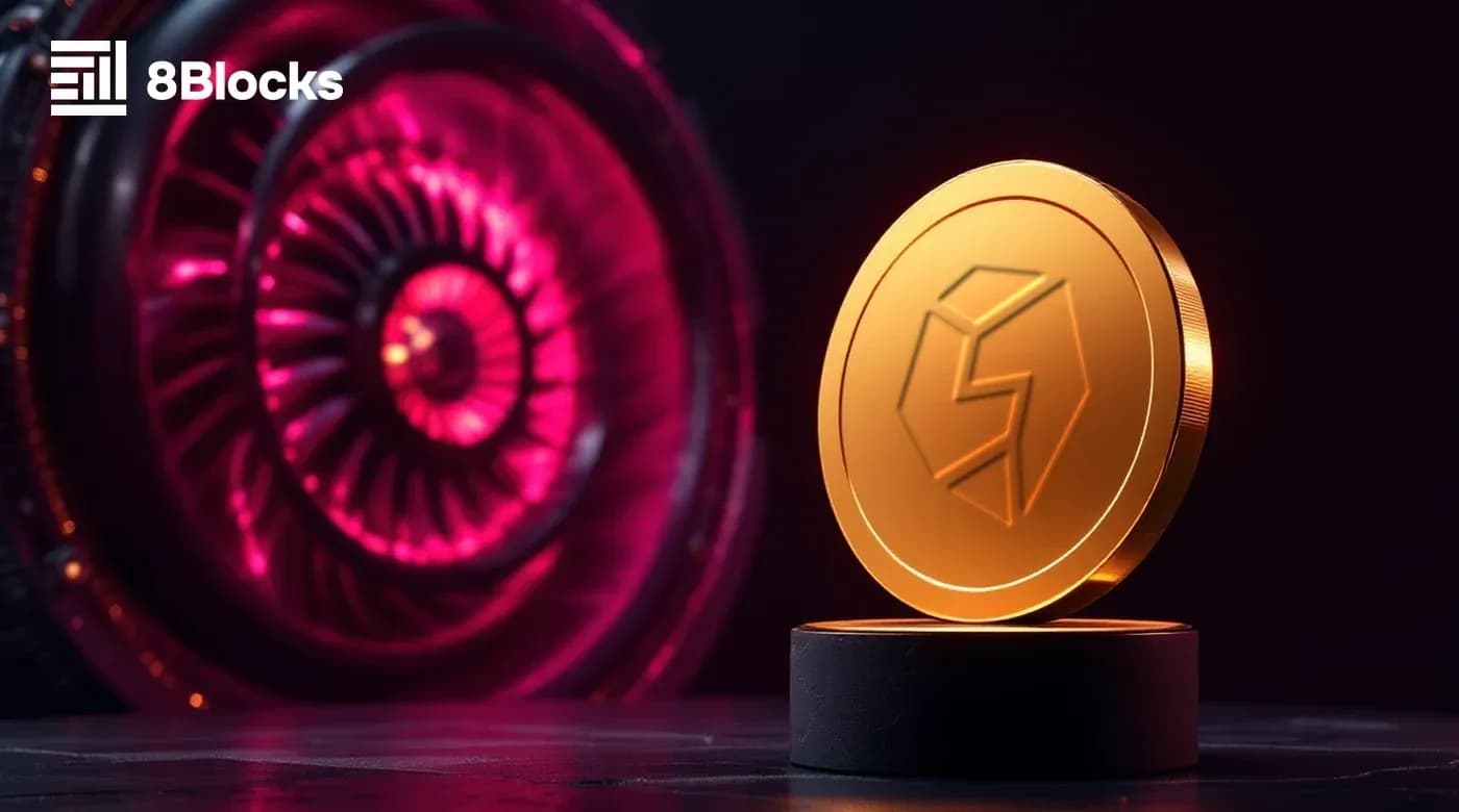 Gold STON coin beside a running engine — STON.fi tokenomics
