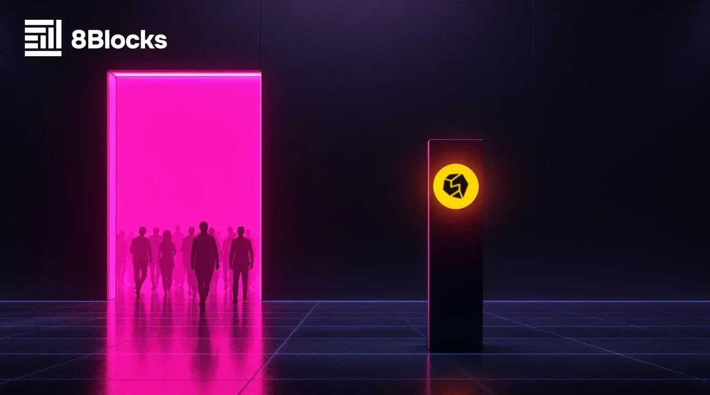 STON.fi users walk past a token gate with the STON logo — the token is optional