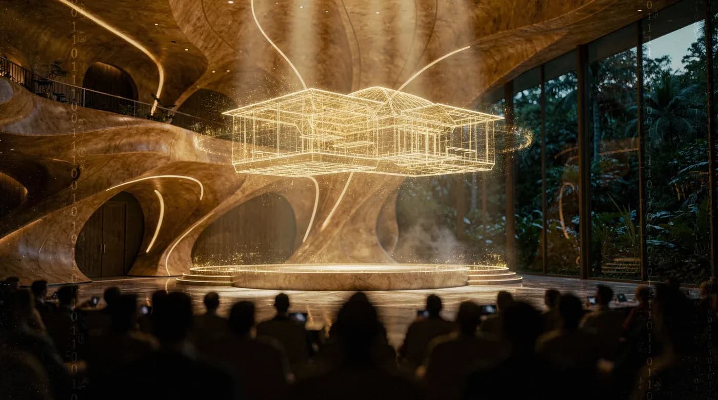 The OntoArte conference hall: one event, two audiences — in the hall and in the metaverse
